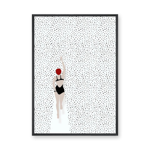 Swimmer Minimalist Wall Art – Black Suit and Red Cap on Dotted White