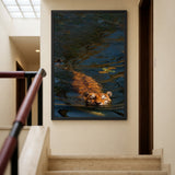 Swimming Tiger Modern Wall Art – Dramatic Dark Blue Water Photograph
