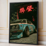 Teal Japanese Car Retro Wall Art – Neon Gate Drift Scene