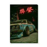 Teal Japanese Car Retro Wall Art – Neon Gate Drift Scene