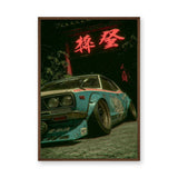 Teal Japanese Car Retro Wall Art – Neon Gate Drift Scene