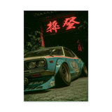 Teal Japanese Car Retro Wall Art – Neon Gate Drift Scene