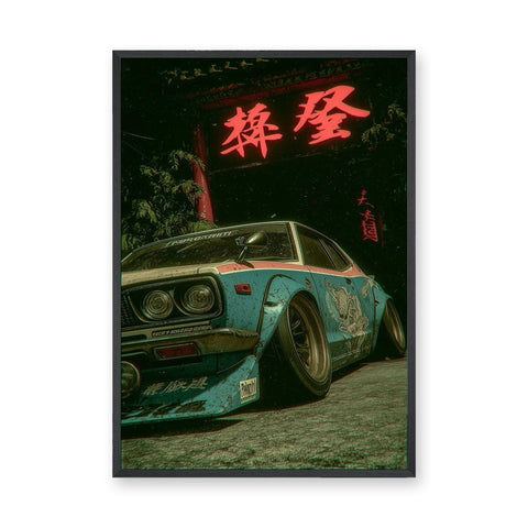 Teal Japanese Car Retro Wall Art – Neon Gate Drift Scene
