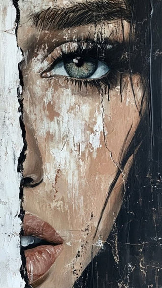 Textured Female Portrait Modern Wall Art – Abstract One-Eye Face