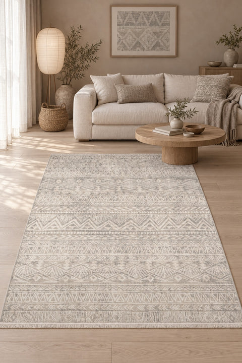 Textured Scandinavian Area Rug – Cream & Beige in a living room