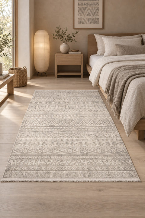 Textured Scandinavian Area Rug – Cream & Beige in a bedroom