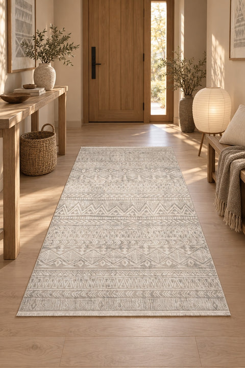 Textured Scandinavian Area Rug – Cream & Beige in a hallway