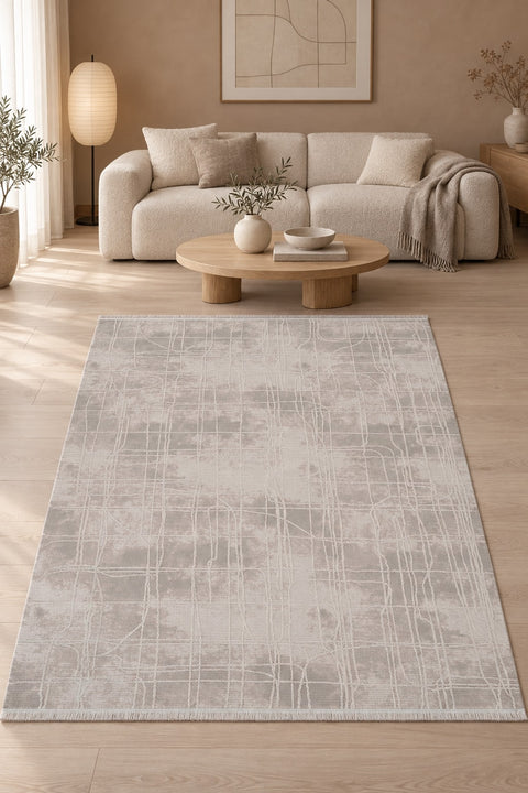 Textured Scandinavian Area Rug – Taupe & Cream in a living room
