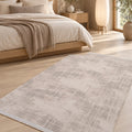 Textured Scandinavian Area Rug – Taupe & Cream in a bedroom
