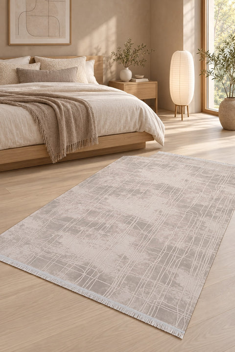 Textured Scandinavian Area Rug – Taupe & Cream in a bedroom