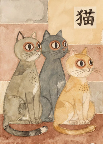 Three Cats Traditional Wall Art – Japanese Cat Watercolor with 猫