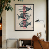 Three Fish Line-Art Wall Art – Coastal Retro Beige Ocean Print
