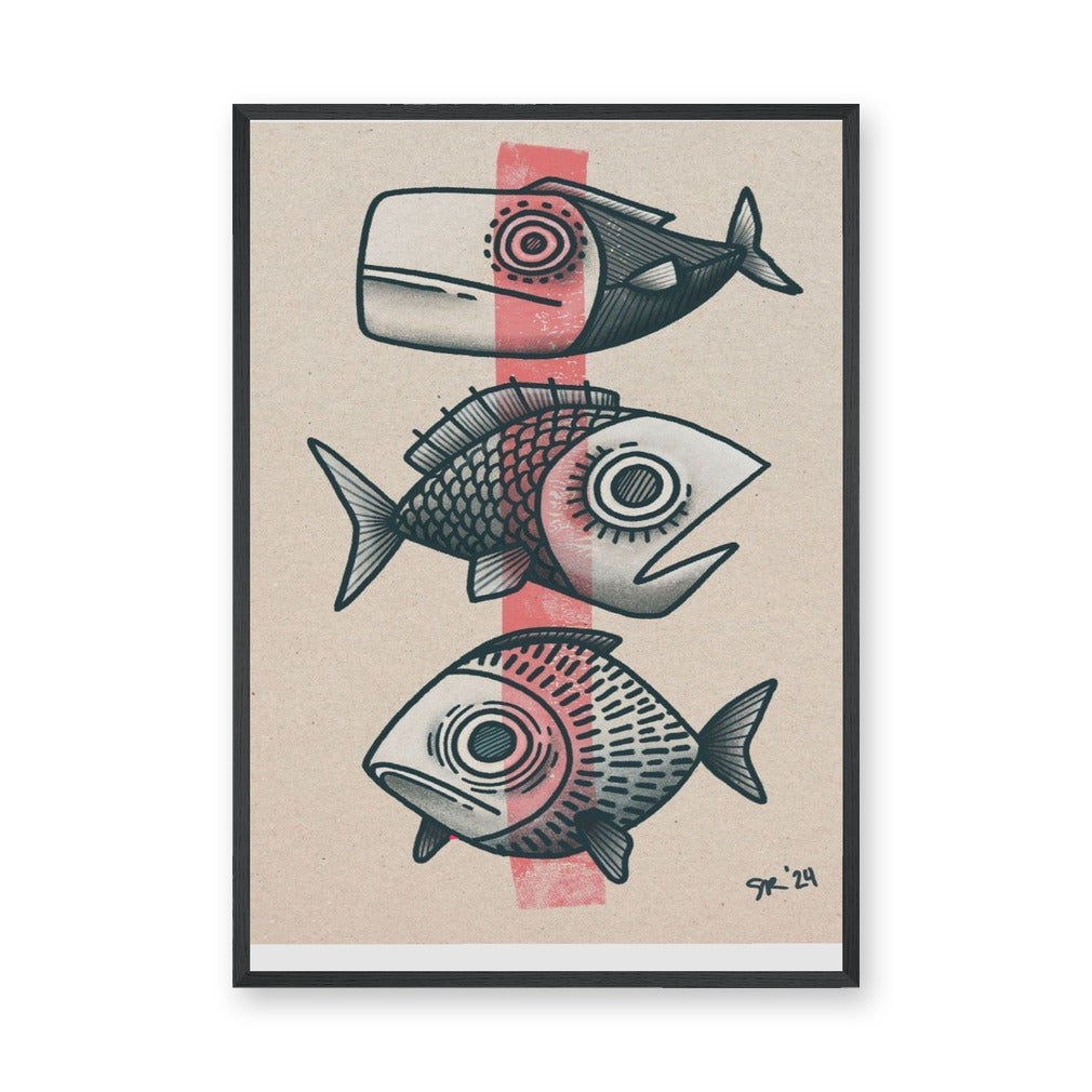 Three Fish Line-Art Wall Art – Coastal Retro Beige Ocean Print