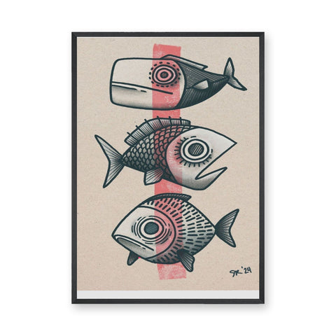 Three Fish Line-Art Wall Art – Coastal Retro Beige Ocean Print