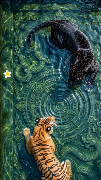 Tiger and Jaguar Surreal Wall Art – Ornate Teal Water Scene