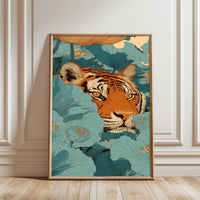 Tiger in Floral Jungle Aesthetic Décor Poster, Exotic Animal Wall Print