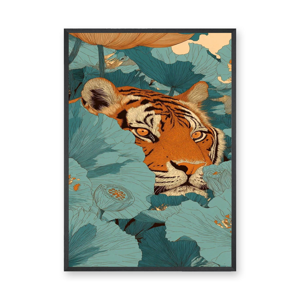 Tiger Lotus Botanical Wall Art – Teal Floral Jungle Print