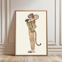 Tiger Playing Tennis Aesthetic Wall Poster, Tiger Sports Illustration Wall Décor