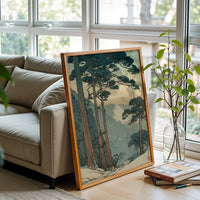 Tranquil Japanese Forest Wall Décor Poster, Retro Mountain Landscape Print, Understated Nature Scene, Retro Tree Art for Serene Decor