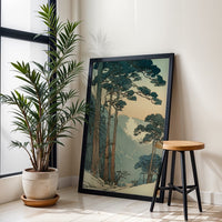 Tranquil Japanese Forest Wall Décor Poster, Retro Mountain Landscape Print, Understated Nature Scene, Retro Tree Art for Serene Decor