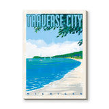 Traverse City Beach Coastal Wall Art – Michigan Bay Sailboats and Text