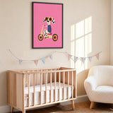 Tricycle Dog Modern Kids Wall Art – Spotted Pup on Pink