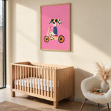 Tricycle Dog Modern Kids Wall Art – Spotted Pup on Pink