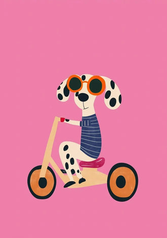 Tricycle Dog Modern Kids Wall Art – Spotted Pup on Pink