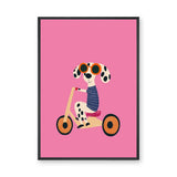 Tricycle Dog Modern Kids Wall Art – Spotted Pup on Pink