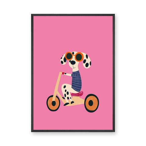 Tricycle Dog Modern Kids Wall Art – Spotted Pup on Pink