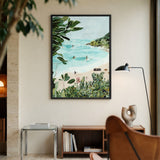 Tropical Beach Coastal Wall Art – Watercolor Surfers and Foliage