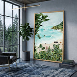 Tropical Beach Coastal Wall Art – Watercolor Surfers and Foliage