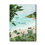 Tropical Beach Coastal Wall Art – Watercolor Surfers and Foliage