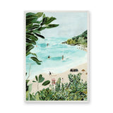 Tropical Beach Coastal Wall Art – Watercolor Surfers and Foliage