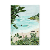Tropical Beach Coastal Wall Art – Watercolor Surfers and Foliage