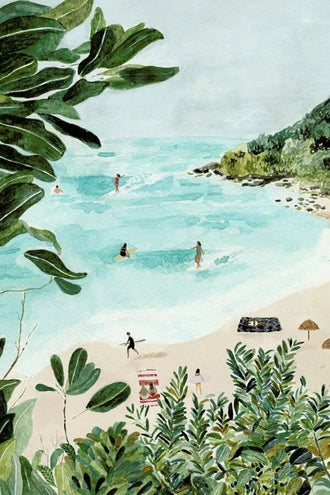 Tropical Beach Coastal Wall Art – Watercolor Surfers and Foliage