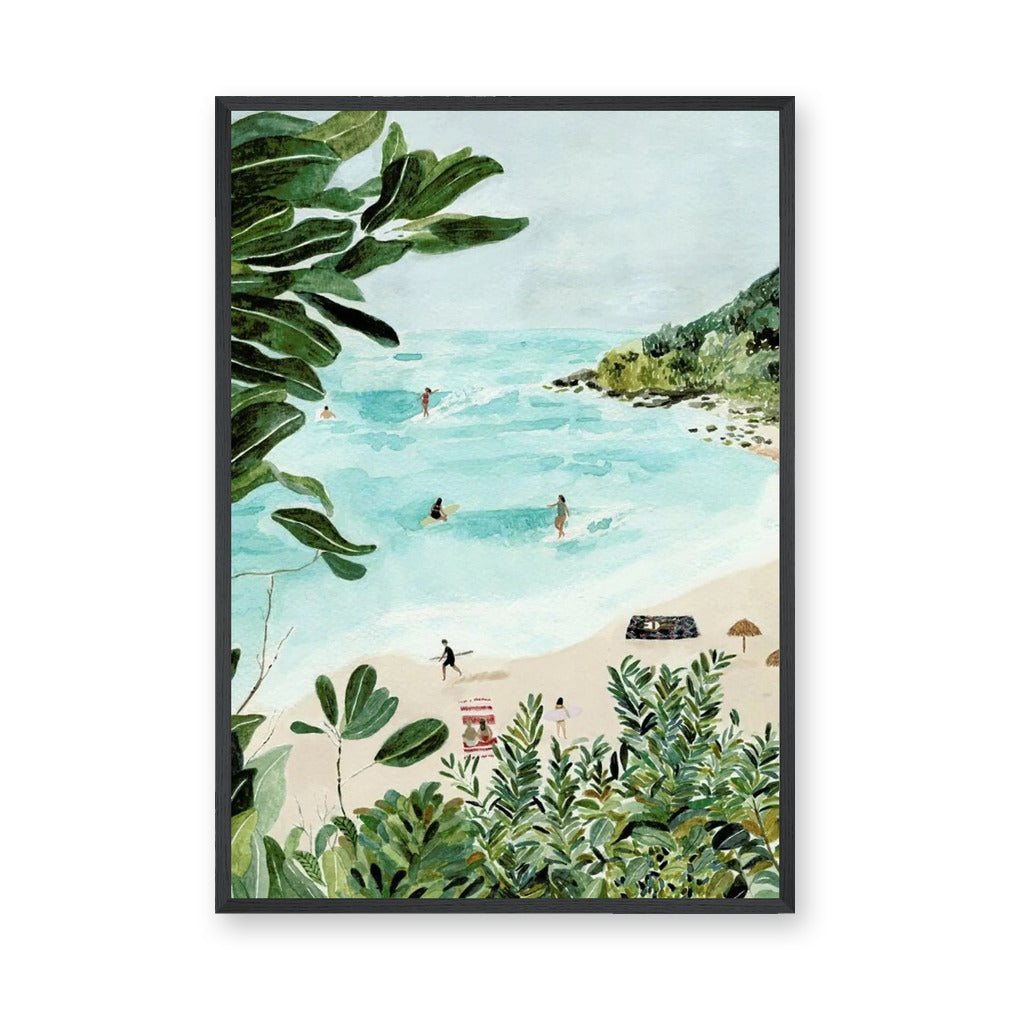 Tropical Beach Coastal Wall Art – Watercolor Surfers and Foliage