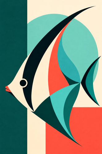 Tropical Fish Geometric Abstract Wall Art – Teal Ocean Animal Print