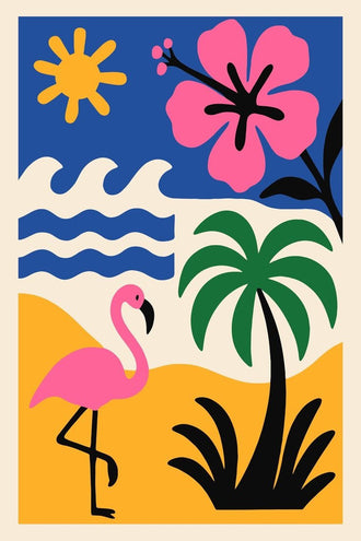 Tropical Flamingo Pop Art Wall Art – Modern Beach Scene Print