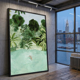 Tropical Lagoon Botanical Wall Art – Watercolor Swimmer in Lush Palms