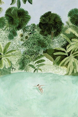 Tropical Lagoon Botanical Wall Art – Watercolor Swimmer in Lush Palms