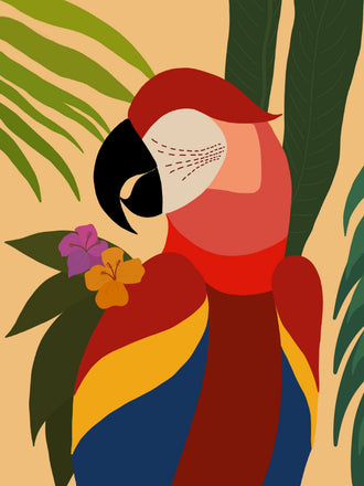 Tropical Macaw Modern Botanical Wall Art – Colorful Parrot with Leaves