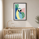 Tropical Parrot Modern Wall Art – Colorful Leaves and Geometric Blocks