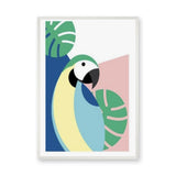 Tropical Parrot Modern Wall Art – Colorful Leaves and Geometric Blocks