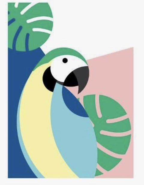Tropical Parrot Modern Wall Art – Colorful Leaves and Geometric Blocks