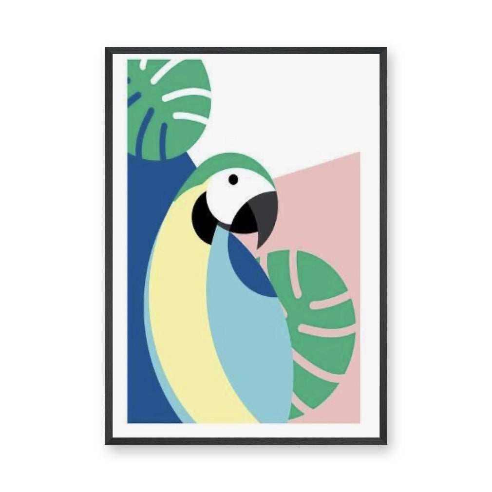 Tropical Parrot Modern Wall Art – Colorful Leaves and Geometric Blocks