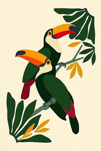 Tropical Toucans Modern Wall Art – Botanical Bird Print on Cream