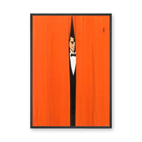 Tuxedo Man Minimalist Wall Art – Orange Curtain Spy Portrait