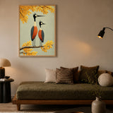 Two Birds Perched Mid Century Modern Wall Art – Yellow Botanical Bird Print