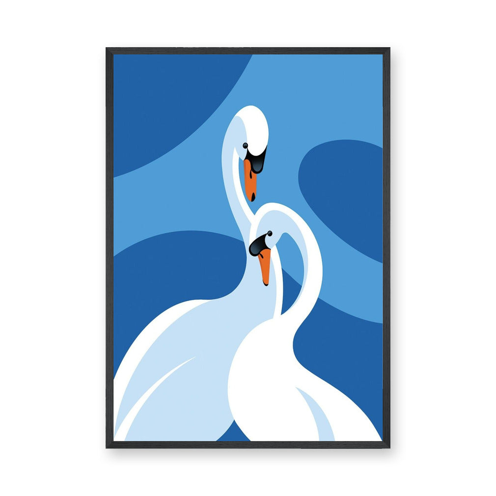 Two Swans Modern Wall Art – Blue Abstract Water-Inspired Print